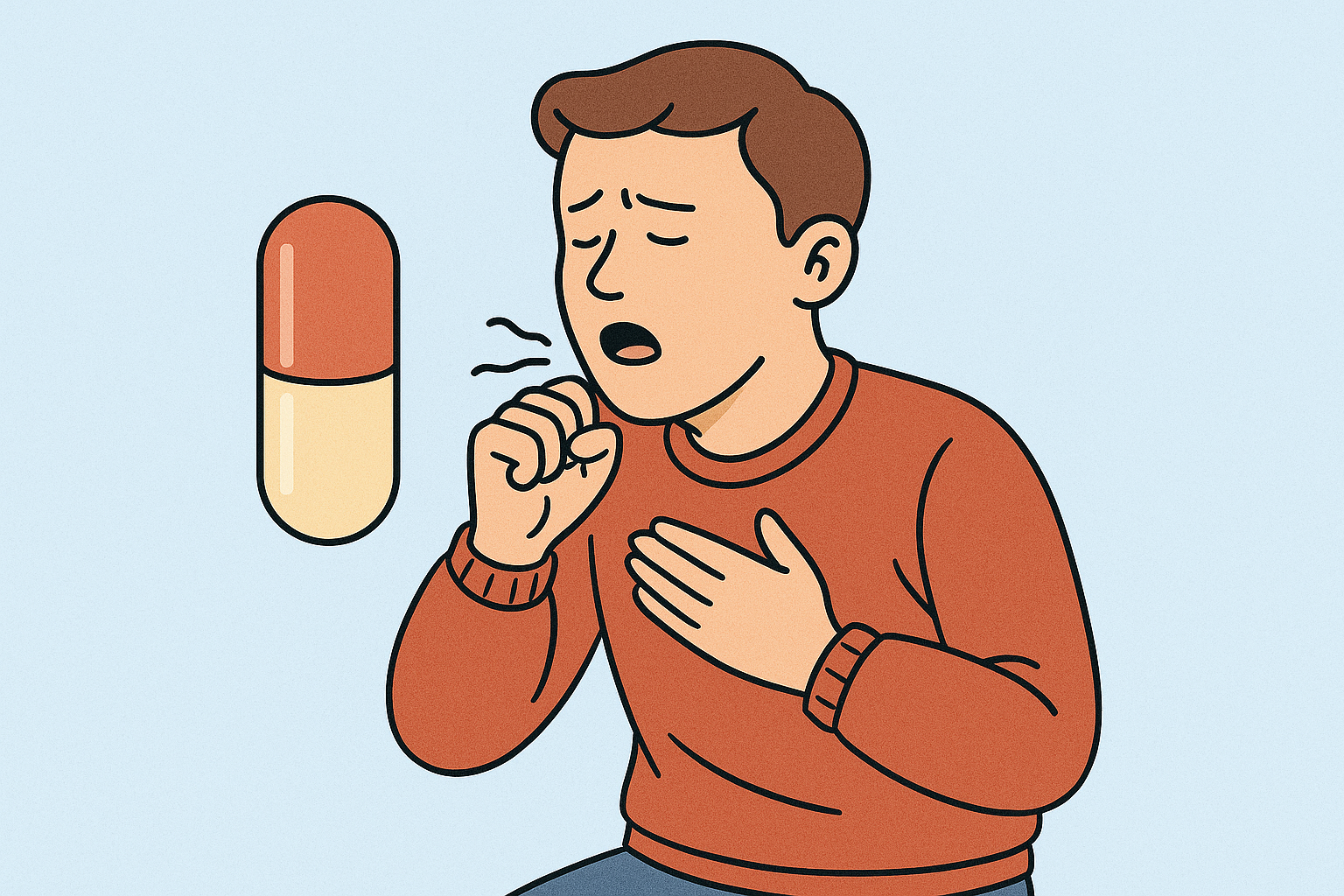 Patient coughing while holding a capsule